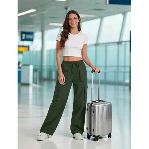 DLOODA High Waist Hiking Baggy Cargo Joggers with Pockets, Army Green, view 4