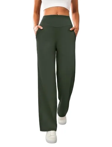 DLOODA High Waist Yoga Wide Leg Pants with Pockets, Olive Green