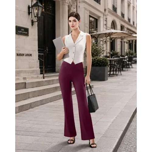 DLOODA High Waist Work Flare Pants with Pockets, Berry, view 3