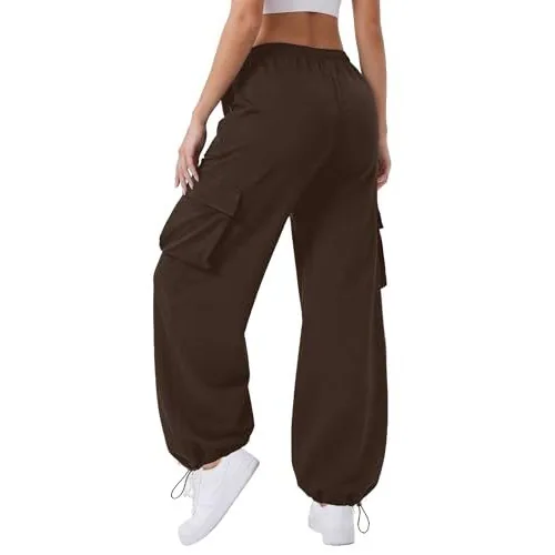 DLOODA High Waist Hiking Baggy Cargo Joggers with Pockets, Brown, view 2