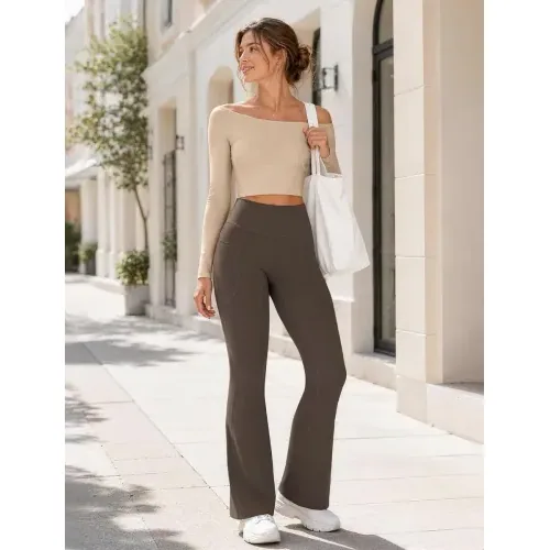 DLOODA High Waist Yoga Flare Leggings with Pockets, Brown, view 3