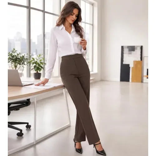 DLOODA High Waist Work Straight Leg Pants with Pockets, Brown, view 3