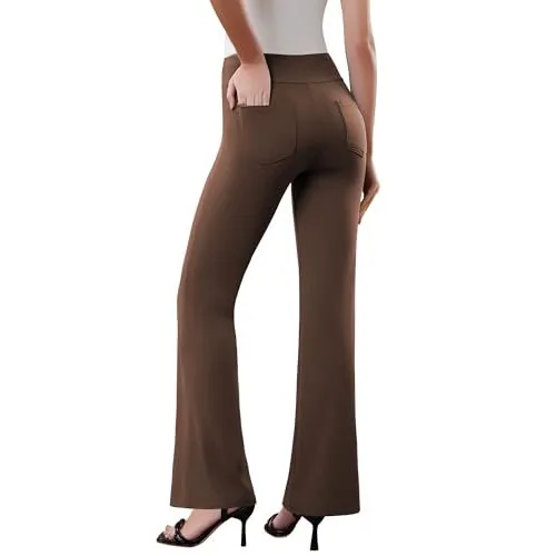 DLOODA High Waist Work Flare Pants with Pockets, Brown, view 2