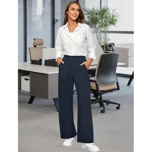 DLOODA High Waist Work Wide Leg Pants with Pockets, Blue, view 3