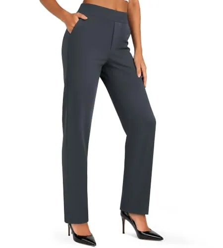 DLOODA High Waist Work Straight Leg Pants with Pockets, Dark Grey