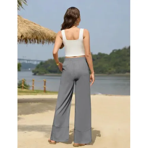 DLOODA High Waist Linen Palazzo Pants with Pockets, Grey, view 4