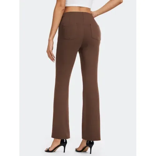 DLOODA High Waist Work Bootcut Pants with Pockets, Brown, view 2