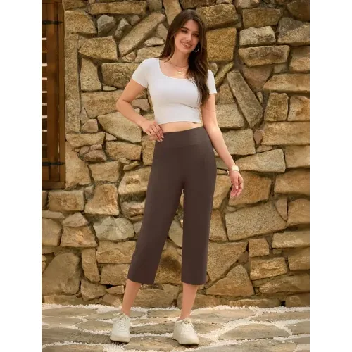 DLOODA High Waist Yoga Cropped Capri Pants with Pockets, Brown, view 3