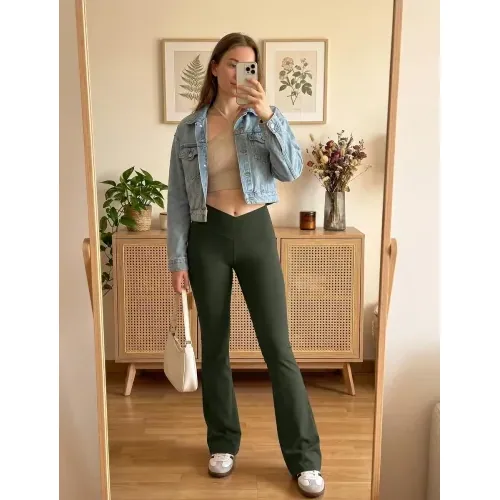DLOODA High Waist Yoga Flare Leggings Crossover, with Pockets, Army Green, view 3