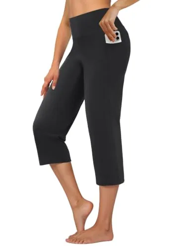 DLOODA High Waist Yoga Cropped Capri Pants with Pockets, Dark Grey