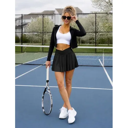 DLOODA High Waist Tennis Skort Crossover, with Pockets, Black, view 3