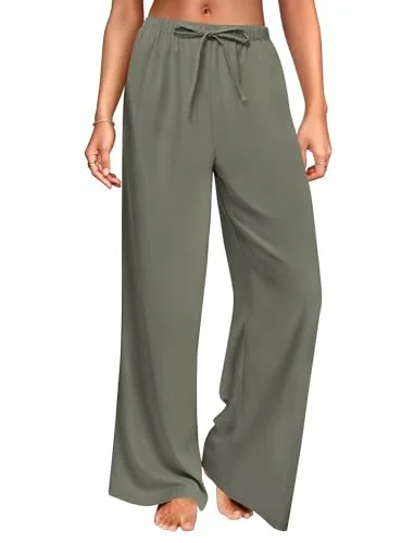 DLOODA High Waist Work Linen Palazzo Pants, Army Green
