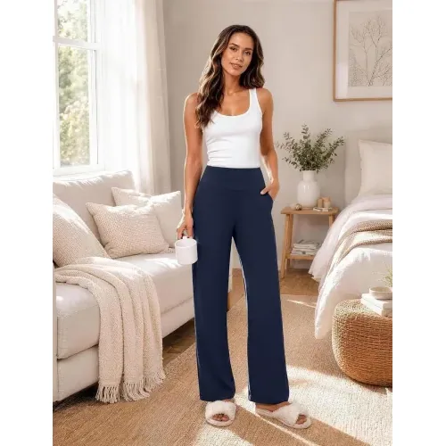DLOODA High Waist Yoga Wide Leg Pants with Pockets, Navy, view 5