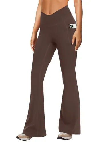 DLOODA Crossover Yoga Flare Leggings Seamless Front, with Pockets, Brown