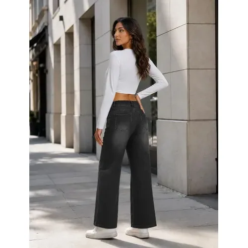 DLOODA High Waist Lounge Wide Leg Jeans, Dark Grey, view 2