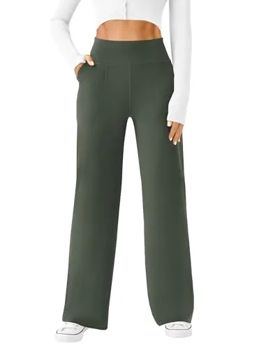 DLOODA High Waist Yoga Wide Leg Pants with Pockets, Olive Green