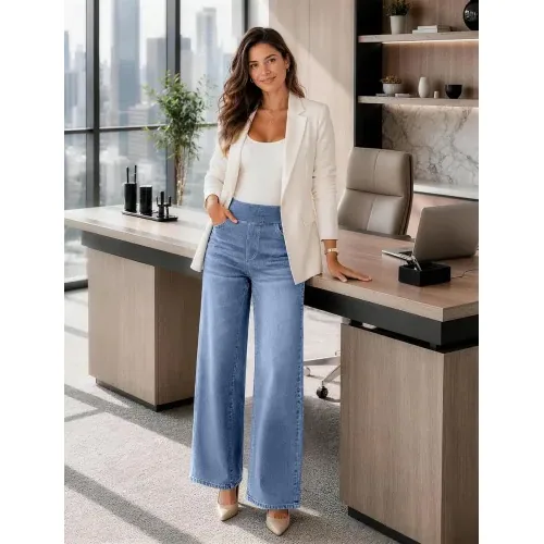 DLOODA High Waist Denim Wide Leg Jeans, Sky Blue, view 3