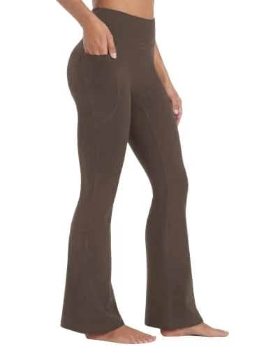 DLOODA High Waist Yoga Flare Leggings with Pockets, Brown