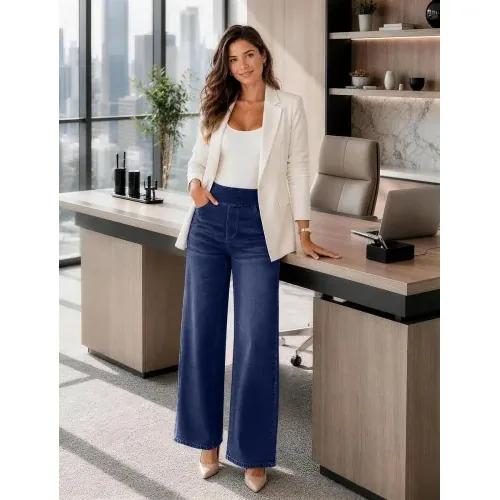 DLOODA High Waist Denim Wide Leg Jeans, Dark Blue, view 3