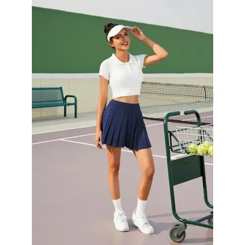 DLOODA High Waist Tennis Pleated Skort with Pockets, Navy, view 3
