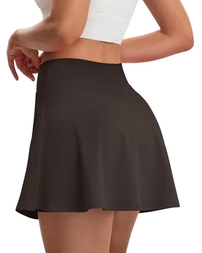 DLOODA High Waist Tennis Skort with Pockets, Brown