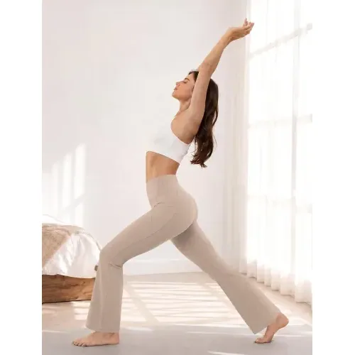 DLOODA High Waist Yoga Flare Leggings with Pockets, Deep Khaki, view 4