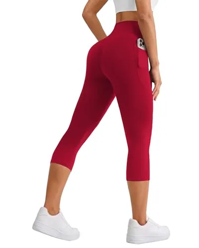 DLOODA High Waist Yoga Capri Leggings with Pockets, Tummy Control, Red