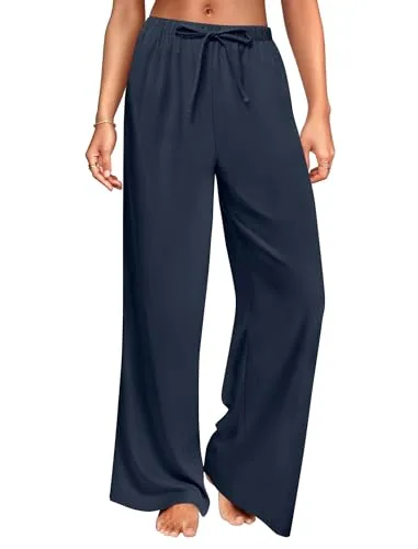 DLOODA High Waist Work Linen Palazzo Pants, Navy