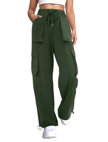 DLOODA High Waist Hiking Baggy Cargo Joggers with Pockets, Army Green