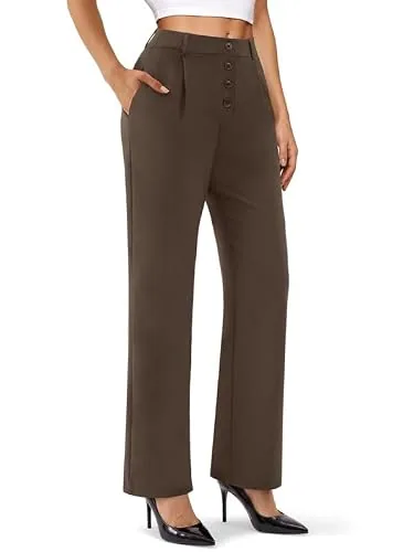 DLOODA High Waist Work Wide Leg Pants, Brown