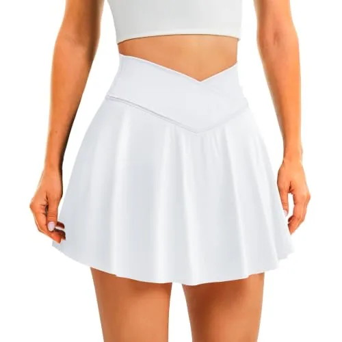 DLOODA High Waist Tennis Skort Crossover, with Pockets, White