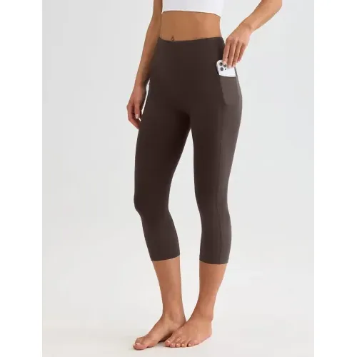 DLOODA High Waist Yoga Capri Leggings with Pockets, Tummy Control, Brown, view 2
