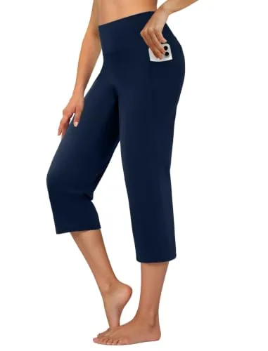 DLOODA High Waist Yoga Cropped Capri Pants with Pockets, Navy
