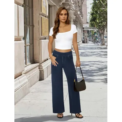 DLOODA High Waist Lounge Denim Wide Leg Jeans, Dark Blue, view 3