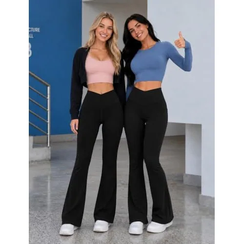 DLOODA High Waist Yoga Flare Leggings Crossover, with Pockets, Black, view 4