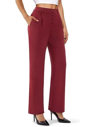 DLOODA High Waist Work Wide Leg Pants, Wine Red